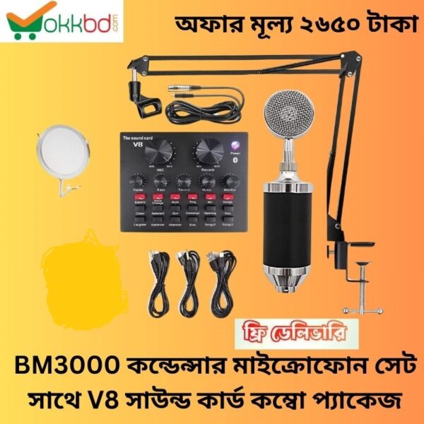 BM 3000 Studio condenser Microphone set with V8 Sound Card